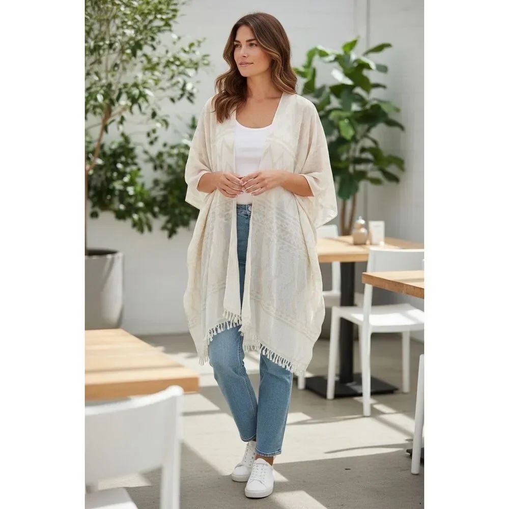 Boho Fringe Kimono Soft Surroundings Ivory Beige Cream Cotton Ruana Wrap One Siz